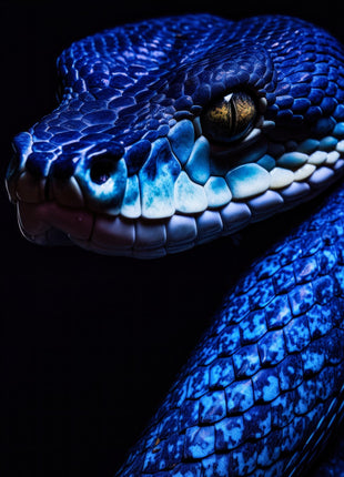 Blue snake with raised head, cobalt scales, turquoise jaw highlights and a golden eye against black.