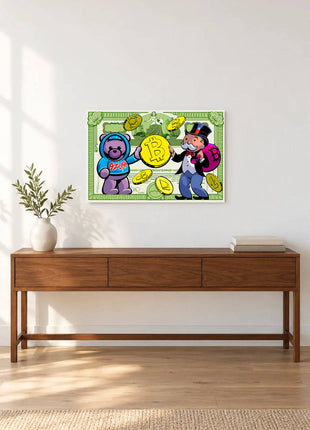 Mr. Monopoly and an Ozuna-labeled purple bear holding a large Bitcoin coin displayed above a console table in a room setting