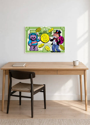 Mr. Monopoly and an Ozuna-labeled purple bear holding a large Bitcoin coin displayed above a desk in a room setting