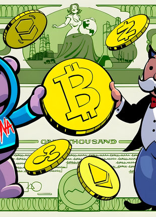 Mr. Monopoly and an Ozuna-labeled purple bear holding a large Bitcoin coin