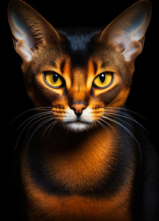 Sleek copper-brown cat with tall ears, golden eyes and dark shading around the face and chest.