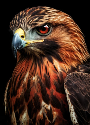Copper-colored raptor facing left with reddish neck feathers and a dark patterned chest.