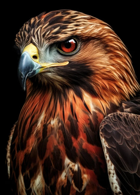 Copper-colored raptor facing left with reddish neck feathers and a dark patterned chest.
