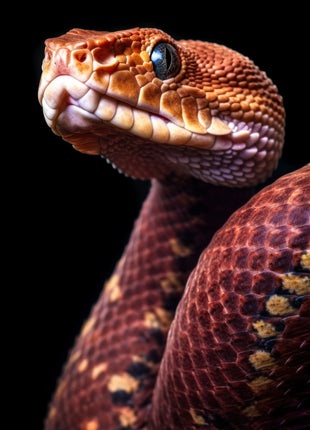 Copper-red snake with raised head, patterned scales, a pale jaw and curved body against black.