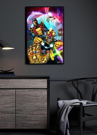 Cosmic Defenders Stand wall art featuring Nova, Jack of Hearts, and Thanos — room display mockup