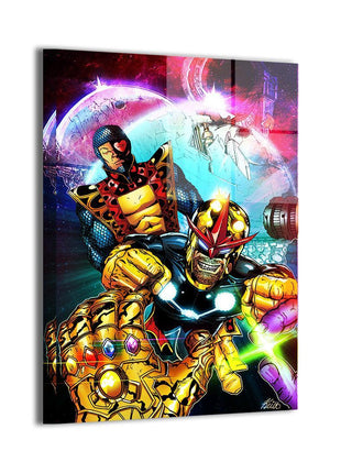 Cosmic Defenders Stand wall art featuring Nova, Jack of Hearts, and Thanos — artwork view