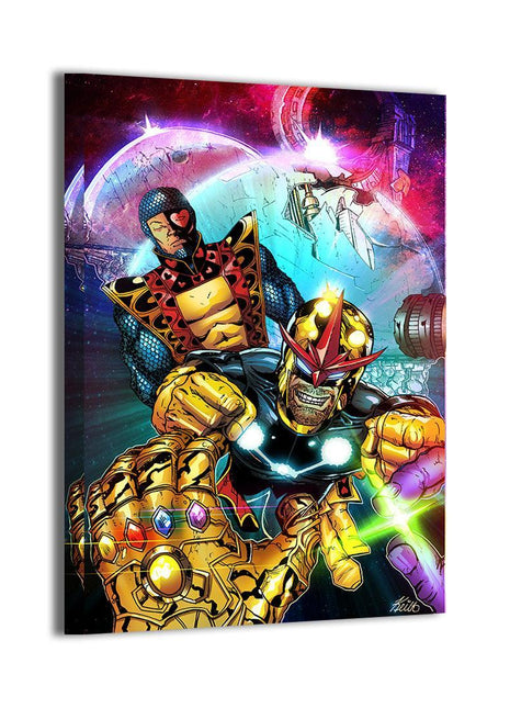 Nova, Jack of Hearts and Thanos Acrylic print mockup for Cosmic Defenders Stand