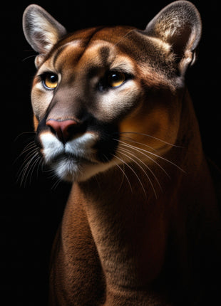 Brown cougar looking left with rounded ears, pale muzzle and long whiskers against black.