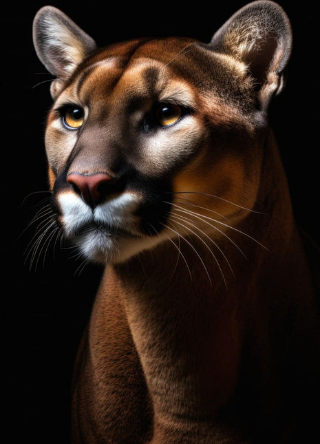 Brown cougar looking left with rounded ears, pale muzzle and long whiskers against black.