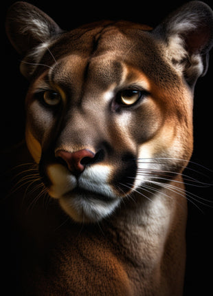 Brown cougar looking slightly left with rounded ears and a silver-white muzzle against black.