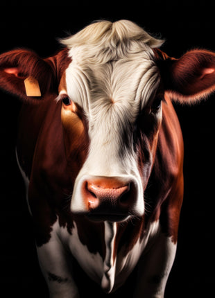 Brown-and-white cow with an ivory face, auburn ears and a mottled chest against black.