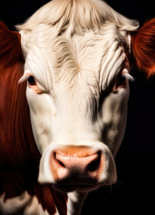 Close-up of a brown-and-white cow with a cream forelock and pink-edged muzzle against black.