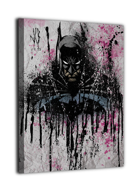 Gritty bat-themed superhero wall art by Jeff Benitez, showcasing a shadowed vigilante figure with bold paint splatter effects and a dramatic urban tone