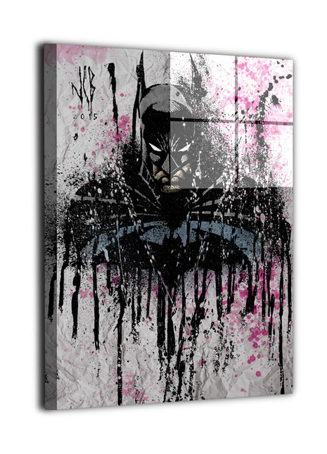 Bat-inspired vigilante wall art in gritty splatter style by Jeff Benitez, featuring a dark armored cowl and dramatic abstract textures, available as premium wall art