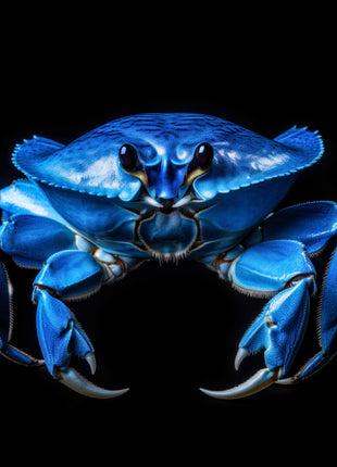 Front-facing blue crab with large claws and cyan highlights against black.