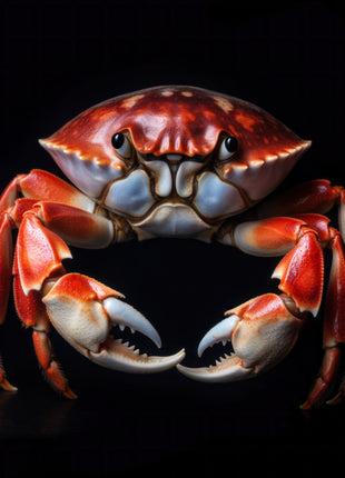 Copper-red crab with cream claw tips and blue-gray facial accents facing forward against black.