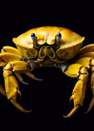 Golden-yellow crab with a broad shell and long curved claws facing forward against black.