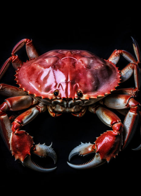 Red crab with a ruby-colored shell and dark-edged claws facing forward against black.