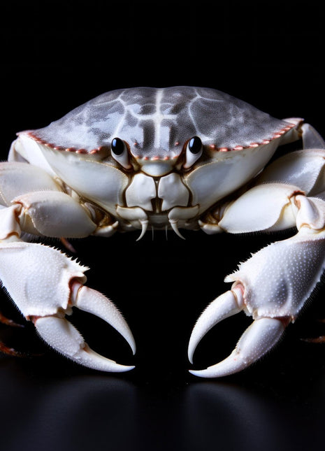 Pale silver-gray crab with large white claws facing forward against black.
