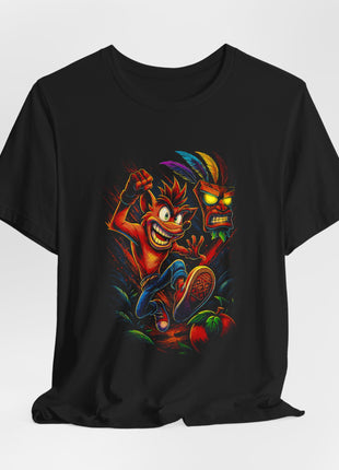 Draped front view of the black Crash Bandicoot and Aku Aku Spinning Duo Graphic T-Shirt.