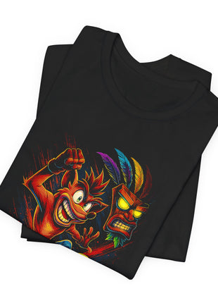 Folded view of the black Crash Bandicoot and Aku Aku Spinning Duo Graphic T-Shirt.