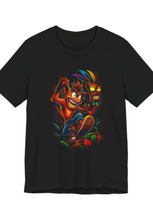Front view of the black Crash Bandicoot and Aku Aku Spinning Duo Graphic T-Shirt.