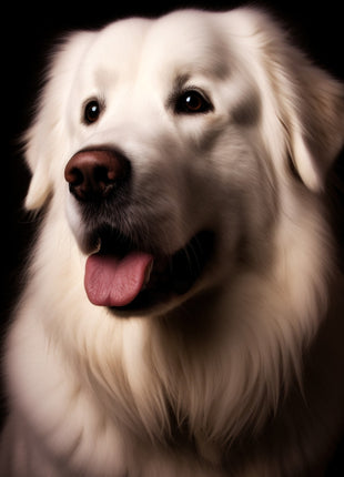 Cream-colored long-haired dog looking left with open mouth, pink tongue and fluffy pale coat.