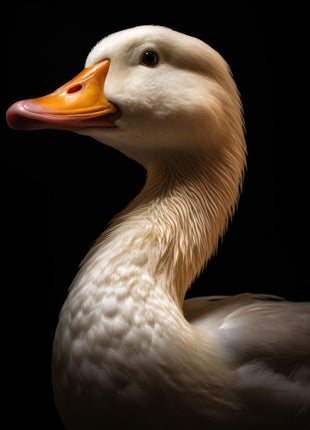 Cream-colored duck in left profile with an orange bill against black.