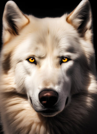 Cream-colored wolf facing forward with pointed ears, amber eyes, gray facial shading and a dark nose.
