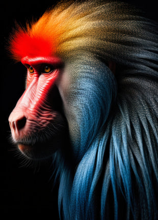 Stylized monkey looking left with crimson crest, long blue mane and pink muzzle against black.