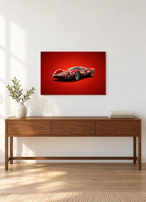 Crimson Endurance Twenty-Six car wall art displayed above a walnut console against a white wall