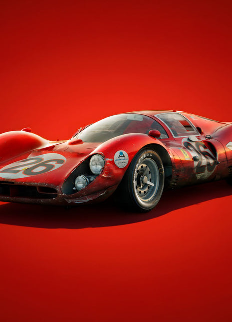 Red endurance racing coupe with a pale number 26 hood roundel, distressed paint textures, and dark wheels on a red spotlight background; Crimson Endurance Twenty-Six artwork