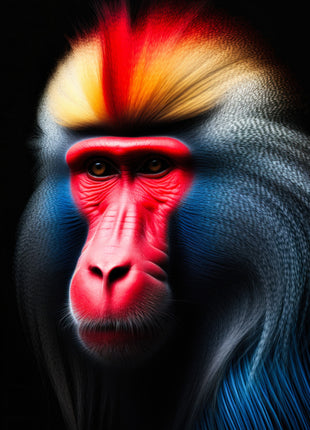 Stylized monkey with crimson face, blue mane and golden-red crest in three-quarter view against black.