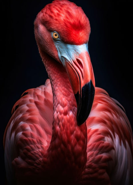 Crimson flamingo with bowed head, red-and-black curved bill and layered pink feathers against black.