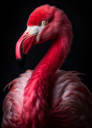Crimson-pink flamingo facing left with curved neck, pale beak markings and rose-colored wings.