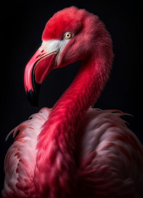 Crimson-pink flamingo facing left with curved neck, pale beak markings and rose-colored wings.