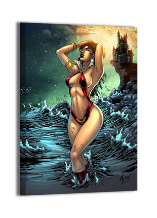 Vampirella in classic red suit under blood moon – large canvas print

