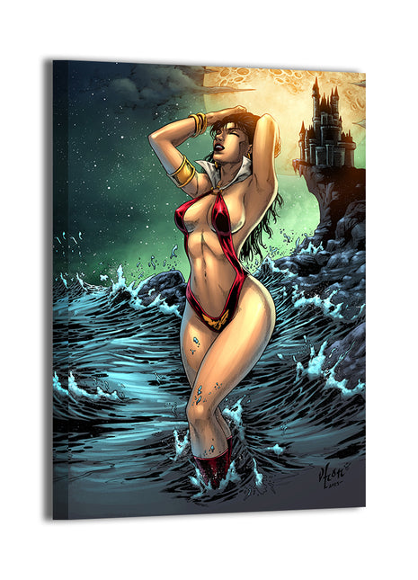 Vampirella in classic red suit under blood moon – large canvas print

