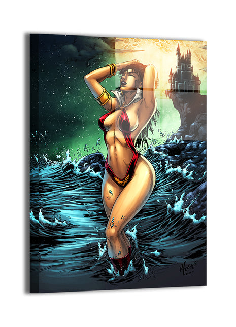 Large-scale Vampirella print with gothic castle and ocean

