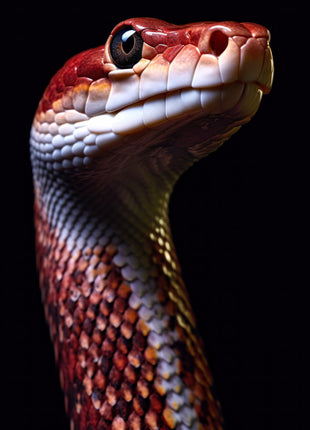 Crimson snake with raised head, pearl-white jaw scales and red-lavender neck against black.