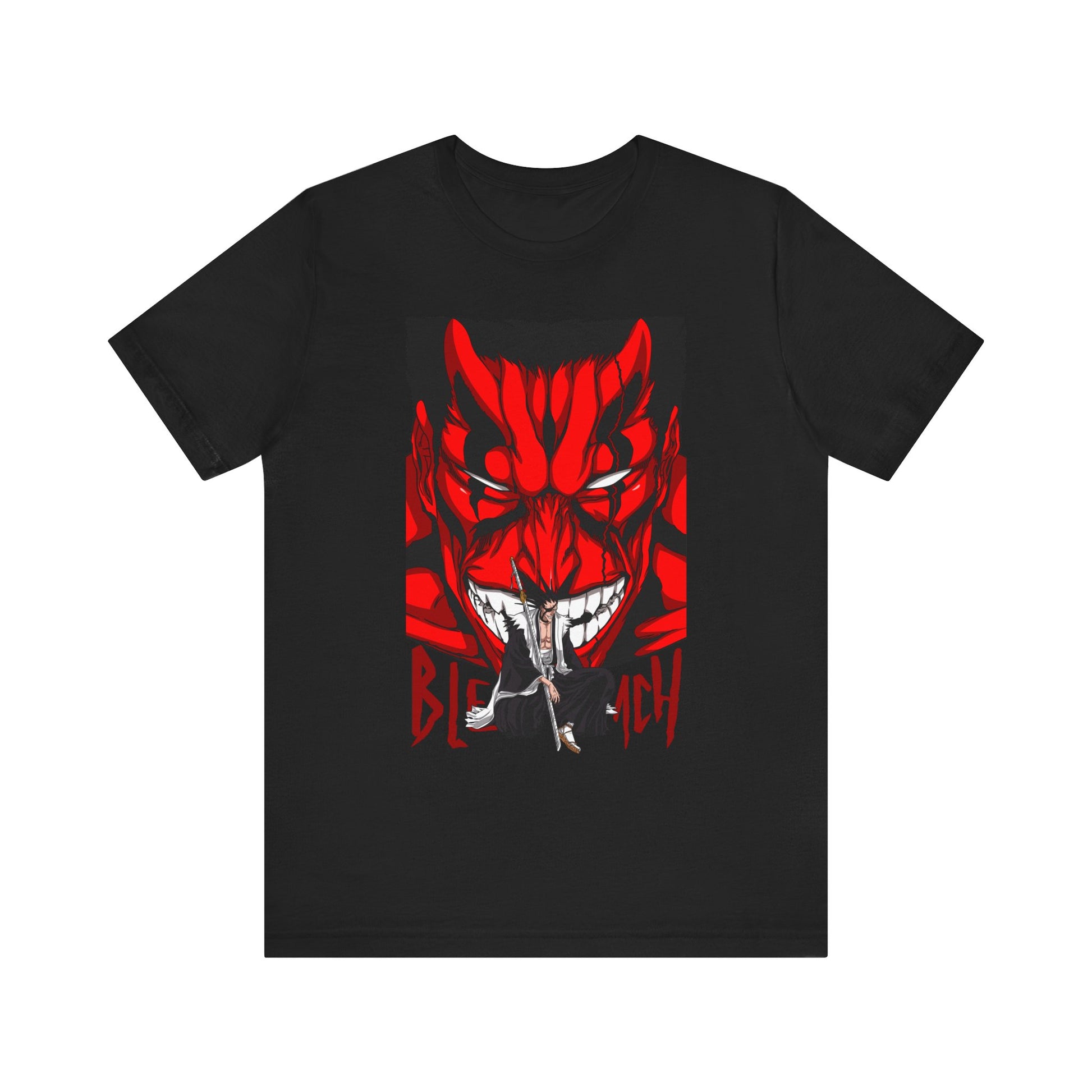 Alt: Crimson Demon Samurai Anime Shirt on black, angled front view, anime streetwear by Snapping Turtle Gallery

