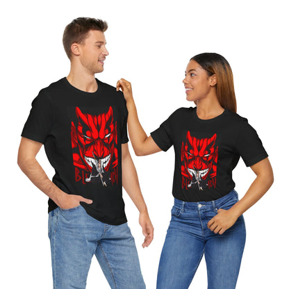 Alt: Crimson Demon Samurai Anime Shirt on black, lifestyle photo, anime shirt worn, Snapping Turtle Gallery

