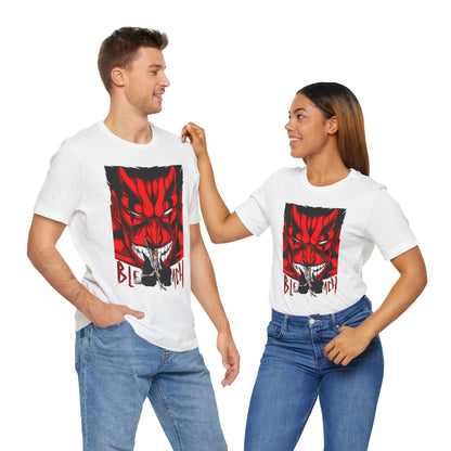 Alt: Crimson Demon Samurai Anime Shirt on white, lifestyle photo, anime shirt worn, Snapping Turtle Gallery

