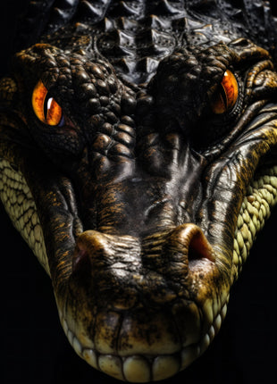 Close-up front-facing crocodilian with amber eyes, dark ridged scales and a broad snout.