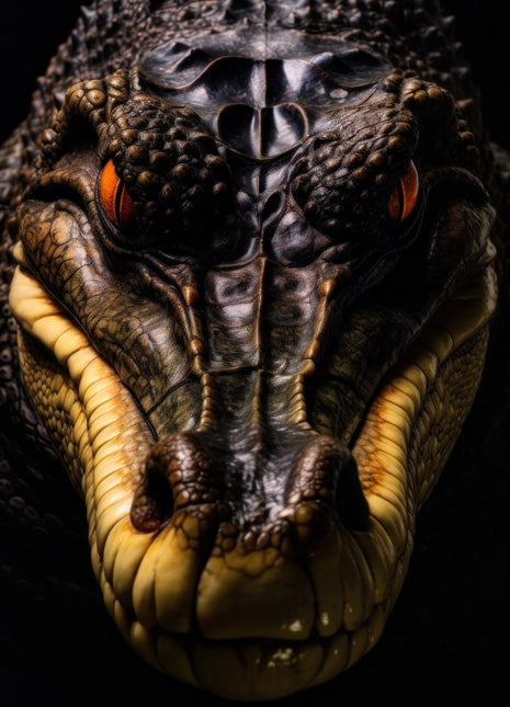 Front-facing crocodilian with long ridged snout, gold-toned jaw edges and amber eyes against black.
