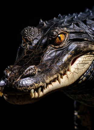 Dark crocodilian head in three-quarter view with golden eyes, ridged scales, pale teeth and cream jaw.