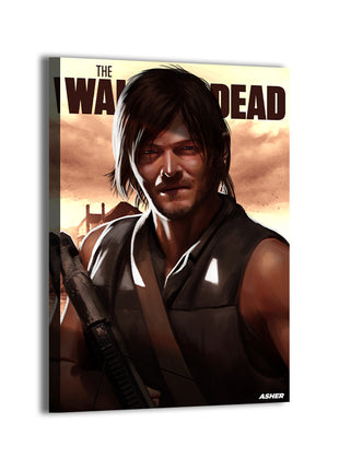 daryl dixon with crossbow at sunset by Ben Asher; gallery-wrapped, ready to hang.