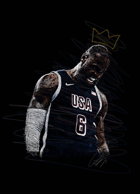 Basketball player in a dark USA number 6 jersey with lowered head, white arm sleeve and a gold outline crown.