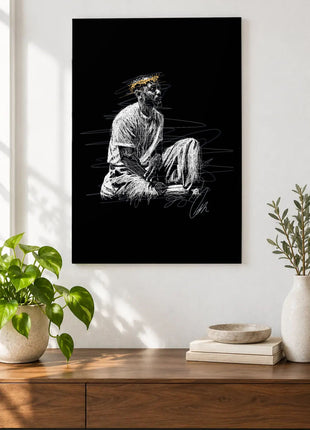 Crown Above Stillness acrylic wall art displayed above a wooden console with plants and books against a white wall.