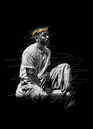 Crown Above Stillness: shows a bearded man seated cross-legged in a pale shirt and trousers.